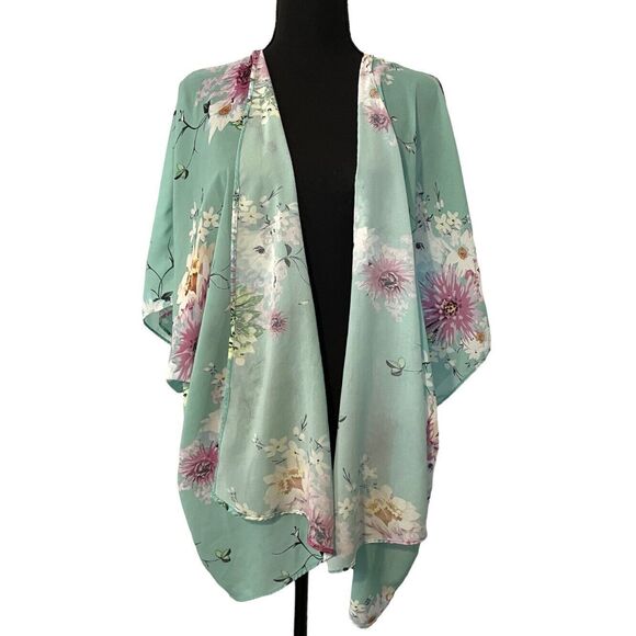 DAVi & DANI Floral Kimono Green Semi Sheer Open Front Oversized - Picture 2 of 8
